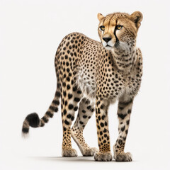 A stunning portrait of an adult cheetah with piercing eyes and spotted fur, isolated on a white background. African predator. Generative AI