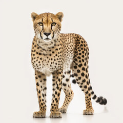 A stunning portrait of an adult cheetah with piercing eyes and spotted fur, isolated on a white background. African predator. Generative AI