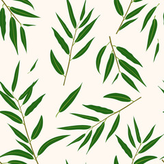 Plants seamless pattern. Green willow branches with leaves on a light pink background for printing on textiles and fabrics. Vector.