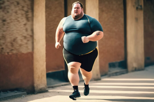 An overweight male in sports clothing running. Generative ai.