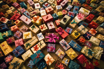 Gift boxes wrapped with bows, viewed from above. Generative ai.