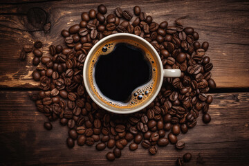 Naklejka premium Background with a cup of coffee in the center, viewed from above. Generative ai.