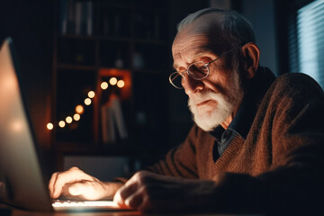 Elderly male online shopping at home. Generative ai.