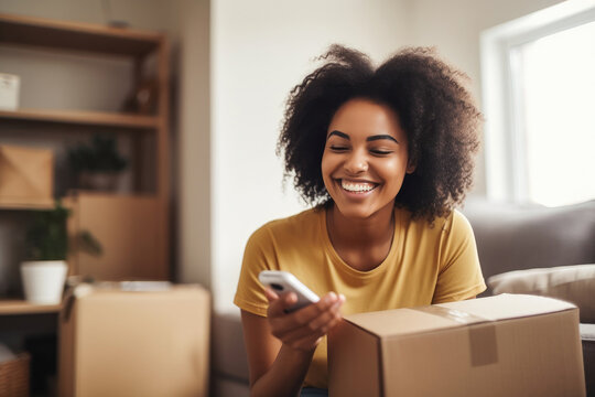Happy black woman using cell phone while unpacking delivery box at home. Generative ai.