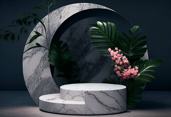 Marble stage background pedestal podium product display to show product tropical background 3d. Generative AI