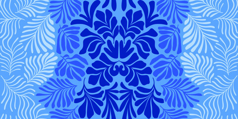 Blue gradient abstract background with tropical palm leaves in Matisse style. Vector seamless pattern with Scandinavian cut out elements.