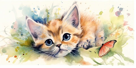 colorful watercolor kitten illustration Generative AI art - obrazy, fototapety, plakaty