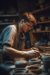Young woman worker working in pottery workshop