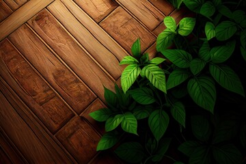 Generative AI of a green leaves on a wooden wall background.