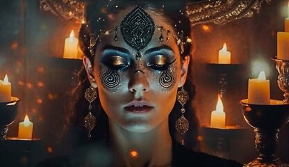 Obraz na płótnie Canvas A Woman with beautiful make up and magical symbols. Esoteric background. Generative AI.