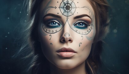 Woman with beautiful make up and magical symbols. Esoteric background. Generative AI.