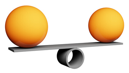 Finding balance, equality or stability concept with libra, scale, yellow balls or globes, isolated cut out 3D rendering illustration

