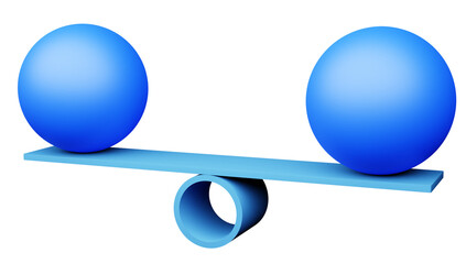 Finding balance, equality or stability concept with libra, scale, blue balls or globes, isolated cut out 3D rendering illustration
