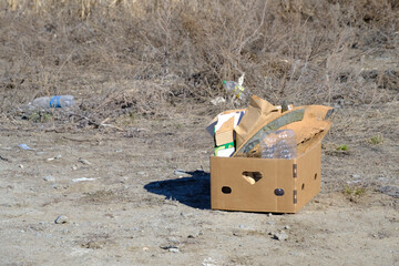 Cardboard box full garbage is thrown into field.Environmental pollution.