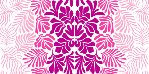 Purple pink abstract background with tropical palm leaves in Matisse style. Vector seamless pattern with Scandinavian cut out elements.