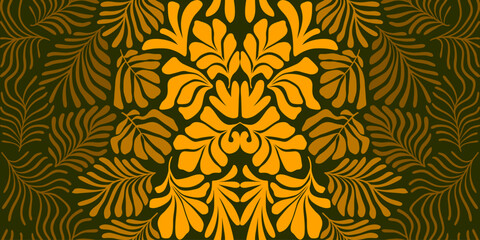 Gold yellow gradient abstract background with tropical palm leaves in Matisse style. Vector seamless pattern with Scandinavian cut out elements.