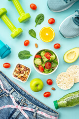Obraz na płótnie Canvas Diet food, healthy lifestyle and fitness background on blue.