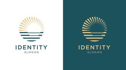 Sun logo with sea wave vector set design