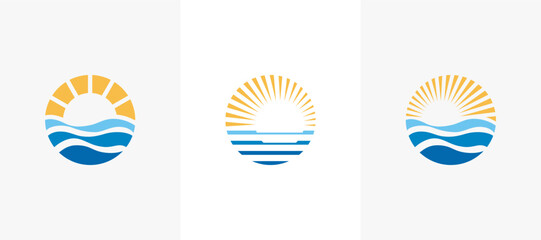 Sun logo with sea wave vector design