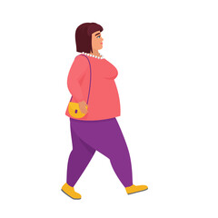 Walking fat woman. Plus size girl going for a walk, obese woman vector cartoon illustration