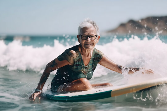 Senior woman surfing on wave, elderly female athlete ride on board smiling wearing glasses, generative ai