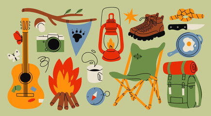 Camping, Hiking set. Campfire, guitar, camera, chair, backpack, boots, knife, knot, mug, lantern, compass. Hand drawn Vector illustration. Isolated design elements. Trekking, travel, tourism concept - 589251917