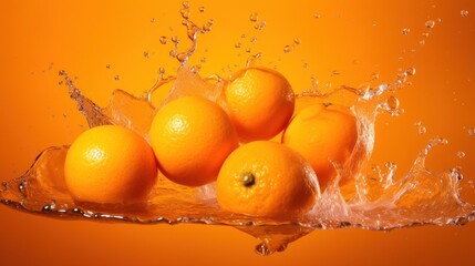 oranges with splash effect isolated on a yellow orange background