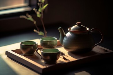 Obraz na płótnie Canvas Traditional Japanese Green tea setup with beautiful lighting. Close-up details of ceramic tea pot and cups, Generative AI