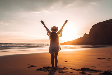 Happy woman with arms up enjoying freedom at the beach at sunset. Wellness, success, freedom and travel, Generative AI