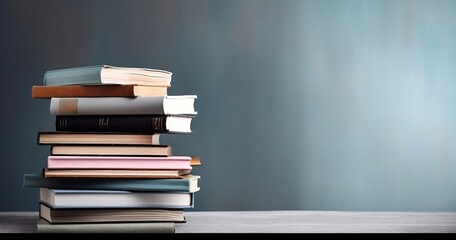 Learning and Knowledge. Books on Table with Bookshelf Background and Copy Space