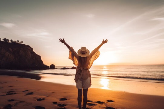 Happy woman with arms up enjoying freedom at the beach at sunset. Wellness, success, freedom and travel, Generative AI