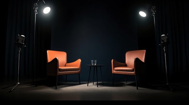 two chairs and spotlights in podcast or interview room on dark background as a wide banner for media conversations or podcast streamers concepts with copyspace, Generative AI