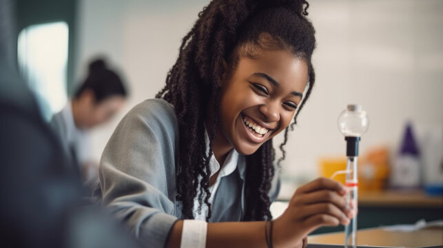 Excited Black Teenage Girl Conducting Science Experiment in High School Chemistry Lab. Minority Representation in Education. Smiling African American Student Excited about STEM. Generative AI