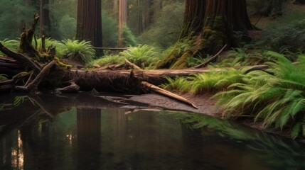 Majestic Twilight: Long Exposure of a Fallen Redwood Tree in a Peaceful River, Rustic Vibes in Redwood National Park
