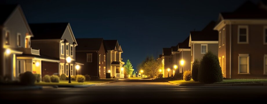 wide banner of residential neighborhood at night with lights and copy space area for real estate and home ownership concepts, Generative AI