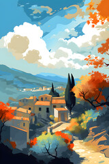 Greece landscape, vibrant colors, hand drawn style illustration, Generative AI
