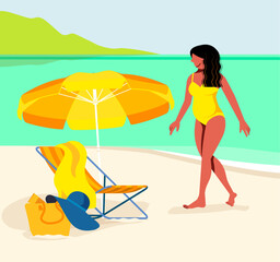 inclusive daily life - vector illustration os a latina woman sunbathing at the beach on a beautiful summer day