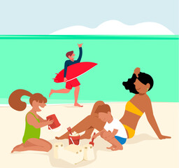 inclusive daily life - Latino Family playing on the beach sand on the Mother's Day