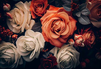 flowers wall background with amazing roses. Generative AI