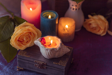 Energy healing, reiki session or chakra rituals with candles, spiritual practice. Wicca magic, new world, alternative medicine of future