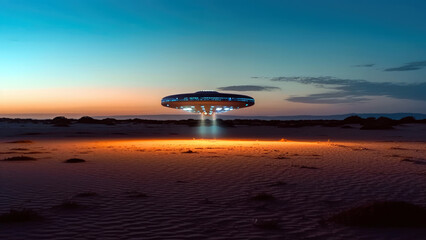 Naklejka na ściany i meble desert landscape at dusk, with a UFO hovering just above the horizon, casting a colorful reflection on the sand, world UFO day concept (created with Generative AI)