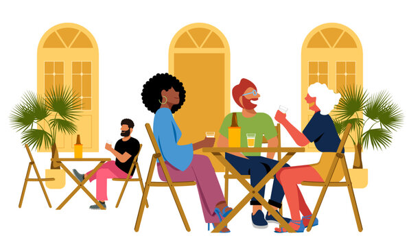 Dia a dia Inclusivo - Vetor de amigos bebendo cerveja na cal&ccedil;ada de bar num dia de sol