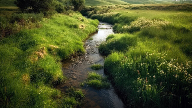 crystal-clear stream meandering through a lush, green meadow (created with Generative AI)