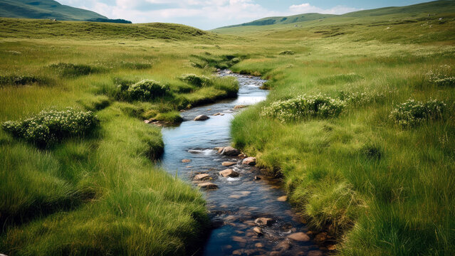 crystal-clear stream meandering through a lush, green meadow (created with Generative AI)