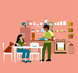 Celebrating Diversity in Everyday Life - Love and Pasta: Black Man Serving Spaghetti to Girlfriend or Wife in Home Kitchen with Dog