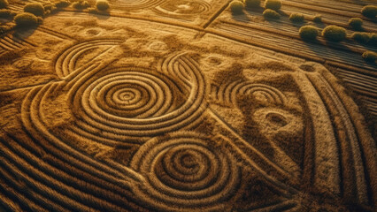 stunning display of crop circles, designed with intricate patterns and shapes, viewed from above, world UFO day concept (created with Generative AI)