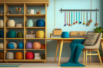 Workplace for hobby knitting. Threads and tools, super photo realistic background. Generative ai illustration
