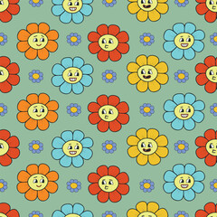 Cute retro trendy cartoon character flower seamless pattern. Smilling daisy. 