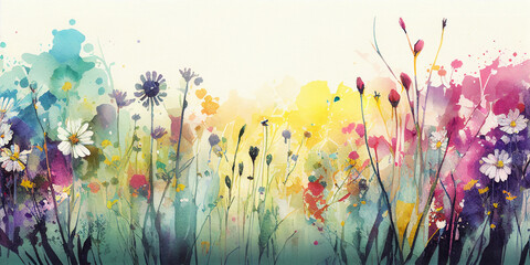 Obraz na płótnie Canvas Colorful watercolor flower meadow background Generative AI