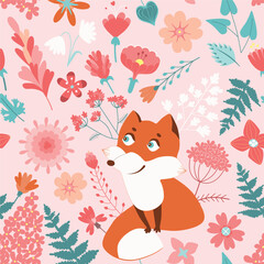 Garden flower, plants, botanical, seamless pattern vector design with cute foxes for kids, fabric, wallpaper and all prints on pink background color. Cute pattern in small flower. Small spring, colorf